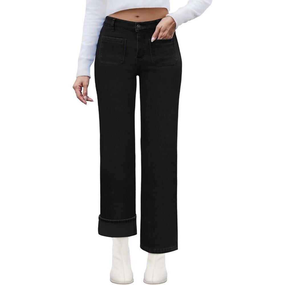 Fleece Lined Jeans Women High Waist Straight Leg Winter Denim Pockets